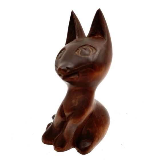Vintage Carved Dark Wood Cat Statue Mid Century Modern Retro - Picture 5 of 10